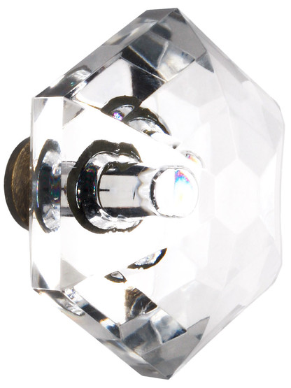 Large Lead Free German Crystal Diamond Cut Hexagonal Knob With Solid Brass Base in Antique Brass.
